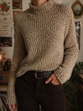Textured Oatmeal Mock Neck Sweater Cozy Knit Medium